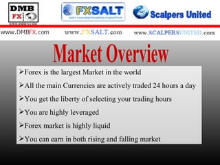 Market Overview Forex is the largest Market in the world All the main Currencies are actively traded 24 hours a day You get the liberty of selecting your trading hours You are highly leveraged Forex market is highly liquid You can earn in both rising and falling market 