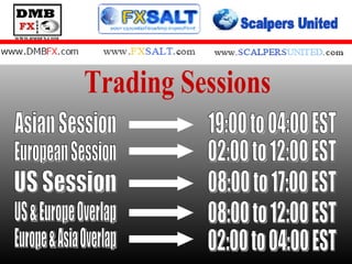 Trading Sessions Asian Session European Session US Session US & Europe Overlap Europe & Asia Overlap 19:00 to 04:00 EST 02:00 to 12:00 EST 08:00 to 17:00 EST 08:00 to 12:00 EST 02:00 to 04:00 EST 