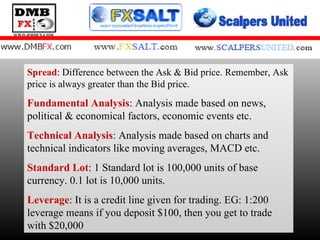 Spread : Difference between the Ask & Bid price. Remember, Ask price is always greater than the Bid price.  Fundamental Analysis : Analysis made based on news, political & economical factors, economic events etc. Technical Analysis : Analysis made based on charts and technical indicators like moving averages, MACD etc. Standard Lot : 1 Standard lot is 100,000 units of base currency. 0.1 lot is 10,000 units. Leverage : It is a credit line given for trading. EG: 1:200 leverage means if you deposit $100, then you get to trade with $20,000 