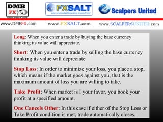Long : When you enter a trade by buying the base currency thinking its value will appreciate. Short : When you enter a trade by selling the base currency thinking its value will depreciate Stop Loss : In order to minimize your loss, you place a stop, which means if the market goes against you, that is the maximum amount of loss you are willing to take. Take Profit : When market is I your favor, you book your profit at a specified amount.  One Cancels Other : In this case if either of the Stop Loss or Take Profit condition is met, trade automatically closes. 