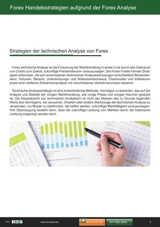 Forex technische Analyse ist die Forschung der Markthandlung in erster Linie durch den Gebrauch
von Charts zum Zweck, zukünftige Preistendenzen vorauszusagen. Die Forex-Trader können Strat-
egien entwickeln, die auf verschiedenen technischen Analysewerkzeugen einschließlich Börsenten-
denz, Volumen, Bereich, Unterstützungs- und Widerstandsniveaus, Chartmuster und Indikatoren
sowie eine vielfache Zeitrahmenanalyse mit verschiedenen Zeitrahmencharts basieren.
Technische Analysestrategie ist eine entscheidende Methode, Vermögen zu bewerten, das auf der
Analyse und Statistik der vorigen Markthandlung, wie vorige Preise und voriges Volumen gestützt
ist. Die Hauptabsicht von technischen Analytikern ist nicht das Messen des zu Grunde liegenden
Werts des Vermögens, sie versuchen, Charten oder andere Werkzeuge der technischen Analyse zu
verwenden, um Muster zu bestimmen, die helfen werden, zukünftige Markttätigkeit vorauszusagen.
Ihre Überzeugung besteht darin, dass die zukünftige Leistung von Märkten durch die historische
Leistung angezeigt werden kann.
Forex Handelsstrategien aufgrund der Forex Analyse
Strategien der technischen Analyse von Forex
6Share: www.ifcmarkets.de
 