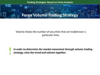 Trading Strategies Based on Forex Analysis
Volume shows the number of securities that are traded over a
particular time.
In order to determine the market movement through volume trading
strategy, view the trend and volume together.
Forex Volume Trading Strategy
 