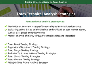 Forex Trend Trading Strategy
Support and Resistance Trading Strategy
Forex Range Trading Strategy
Technical Indicators in Forex Trading Strategies
Forex Charts Trading Strategies
Forex Volume Trading Strategy
Multiple Time Frame Analysis Strategy
Trading Strategies Based on Forex Analysis
Forex technical analysis presupposes:
Prediction of future market performance by its historical performance
Evaluating assets based on the analysis and statistics of past market action,
such as past prices and past volume
Market analysis primarily through technical charts and indicators
Forex Technical Analysis Strategies
 