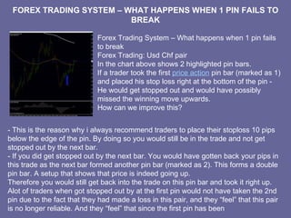 FOREX TRADING SYSTEM – WHAT HAPPENS WHEN 1 PIN FAILS TO BREAK Forex Trading System – What happens when 1 pin fails to break Forex Trading: Usd Chf pair In the chart above shows 2 highlighted pin bars. If a trader took the first  price action  pin bar (marked as 1) and placed his stop loss right at the bottom of the pin - He would get stopped out and would have possibly missed the winning move upwards. How can we improve this? - This is the reason why i always recommend traders to place their stoploss 10 pips below the edge of the pin. By doing so you would still be in the trade and not get stopped out by the next bar. - If you did get stopped out by the next bar. You would have gotten back your pips in this trade as the next bar formed another pin bar (marked as 2). This forms a double pin bar. A setup that shows that price is indeed going up. Therefore you would still get back into the trade on this pin bar and took it right up. Alot of traders when got stopped out by at the first pin would not have taken the 2nd pin due to the fact that they had made a loss in this pair, and they “feel” that this pair is no longer reliable. And they “feel” that since the first pin has been 
