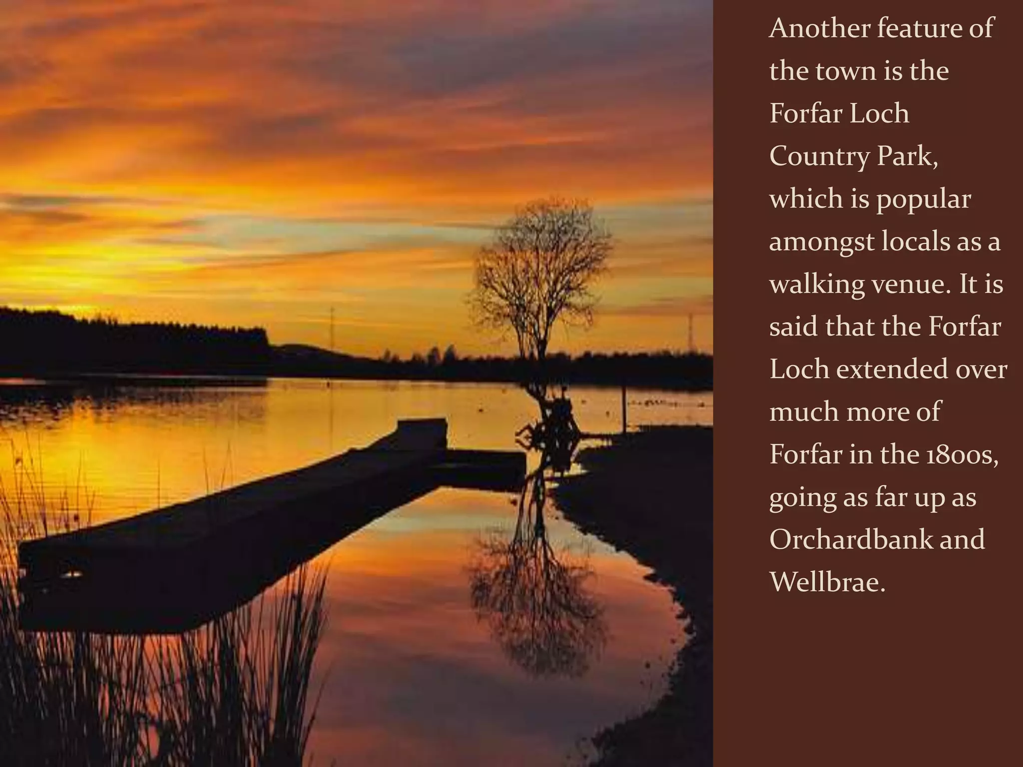 Another feature of
the town is the
Forfar Loch
Country Park,
which is popular
amongst locals as a
walking venue. It is
said that the Forfar
Loch extended over
much more of
Forfar in the 1800s,
going as far up as
Orchardbank and
Wellbrae.
 