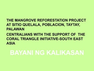 BAYANI NG KALIKASAN
THE MANGROVE REFORESTATION PROJECT
AT SITIO QUELALA, POBLACION, TAYTAY,
PALAWAN
CENTRALIANS WITH THE SUPPORT OF THE
CORAL TRIANGLE INITIATIVE-SOUTH EAST
ASIA
 