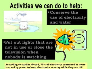 •Conserve the
use of electricity
and water
•Put out lights that are
not in use or close the
television when
nobody is watching
According to studies abroad, 75% of electricity consumed at home
is stand by power to keep electronics running while they are off.
 