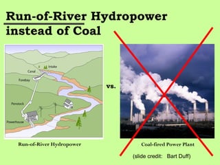 Run-of-River Hydropower
instead of Coal
vs.
Run-of-River Hydropower Coal-fired Power Plant
(slide credit: Bart Duff)
 