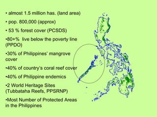 • almost 1.5 million has. (land area)
• pop. 800,000 (approx)
• 53 % forest cover (PCSDS)
•80+% live below the poverty line
(PPDO)
•30% of Philippines’ mangrove
cover
•40% of country’s coral reef cover
•40% of Philippine endemics
•2 World Heritage Sites
(Tubbataha Reefs, PPSRNP)
•Most Number of Protected Areas
in the Philippines
 