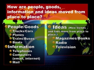How are people, goods,
information and ideas moved from
place to place?
 