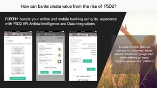 How can banks create value from the rise of PSD2?
FORFIRM boosts your online and mobile banking using its experience
with PSD2 API, Artificial Intelligence and Data integrations.
In order to offer tailored
services to customers, banks
need to transform "google like",
while offering an open
“banking-as-a-service” platform.
 