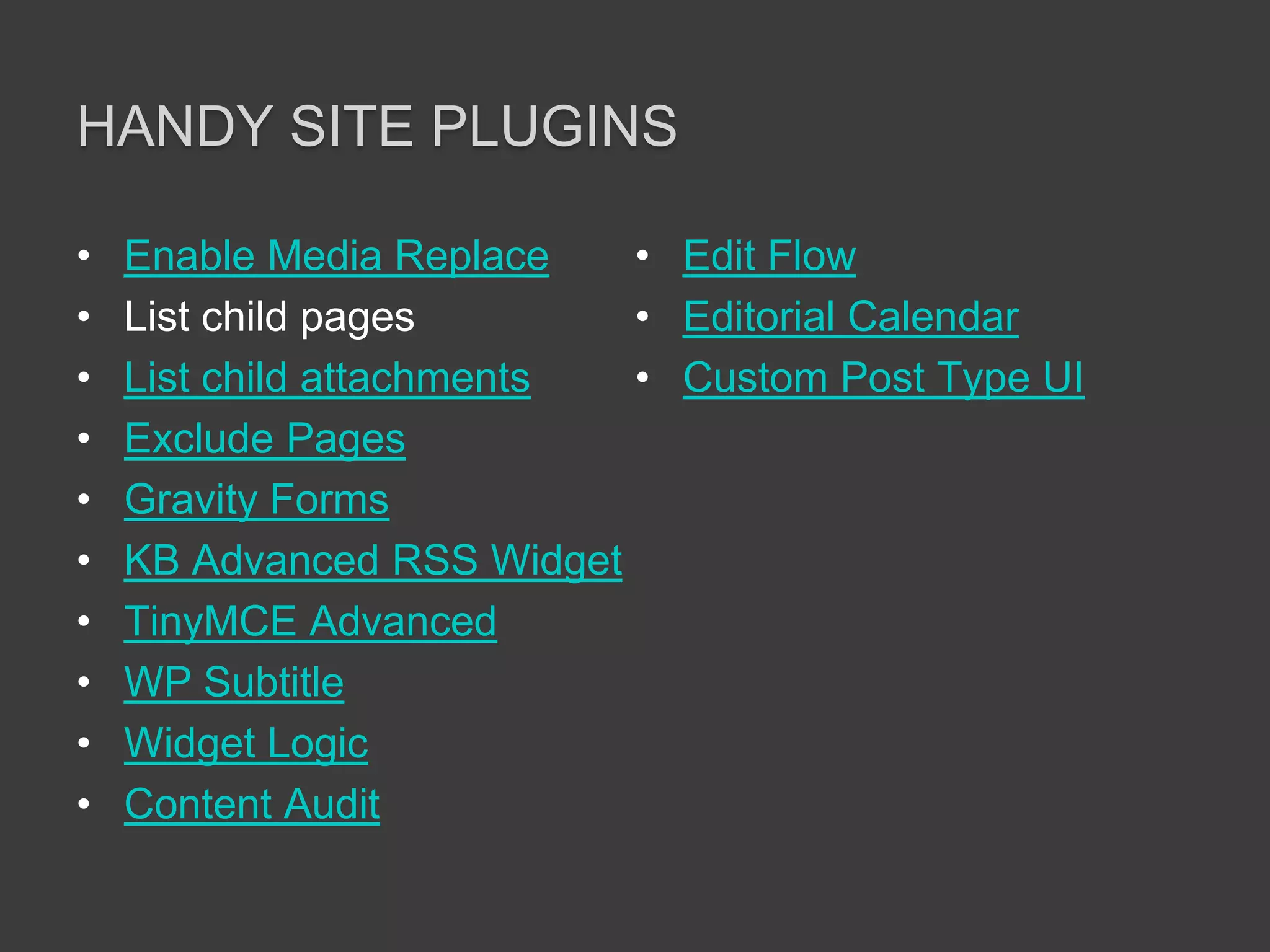 Handy site pluginsEnable Media ReplaceList child pagesList child attachmentsExclude PagesGravity FormsKB Advanced RSS WidgetTinyMCE AdvancedWP SubtitleWidget LogicContent AuditEdit FlowEditorial CalendarCustom Post Type UI