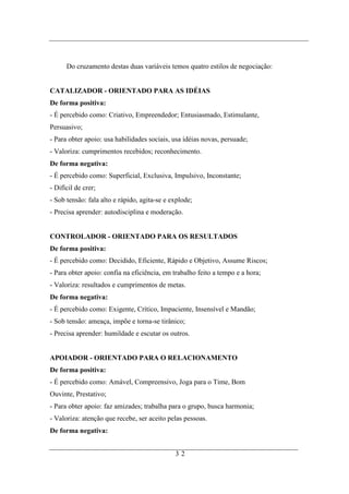 Do cruzamento destas duas variáveis temos quatro estilos de negociação:


CATALIZADOR - ORIENTADO PARA AS IDÉIAS
De forma positiva:
- É percebido como: Criativo, Empreendedor; Entusiasmado, Estimulante,
Persuasivo;
- Para obter apoio: usa habilidades sociais, usa idéias novas, persuade;
- Valoriza: cumprimentos recebidos; reconhecimento.
De forma negativa:
- É percebido como: Superficial, Exclusiva, Impulsivo, Inconstante;
- Difícil de crer;
- Sob tensão: fala alto e rápido, agita-se e explode;
- Precisa aprender: autodisciplina e moderação.


CONTROLADOR - ORIENTADO PARA OS RESULTADOS
De forma positiva:
- É percebido como: Decidido, Eficiente, Rápido e Objetivo, Assume Riscos;
- Para obter apoio: confia na eficiência, em trabalho feito a tempo e a hora;
- Valoriza: resultados e cumprimentos de metas.
De forma negativa:
- É percebido como: Exigente, Crítico, Impaciente, Insensível e Mandão;
- Sob tensão: ameaça, impõe e torna-se tirânico;
- Precisa aprender: humildade e escutar os outros.


APOIADOR - ORIENTADO PARA O RELACIONAMENTO
De forma positiva:
- É percebido como: Amável, Compreensivo, Joga para o Time, Bom
Ouvinte, Prestativo;
- Para obter apoio: faz amizades; trabalha para o grupo, busca harmonia;
- Valoriza: atenção que recebe, ser aceito pelas pessoas.
De forma negativa:


                                              32
 