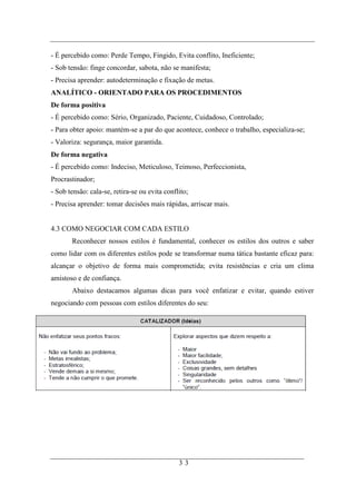 - É percebido como: Perde Tempo, Fingido, Evita conflito, Ineficiente;
- Sob tensão: finge concordar, sabota, não se manifesta;
- Precisa aprender: autodeterminação e fixação de metas.
ANALÍTICO - ORIENTADO PARA OS PROCEDIMENTOS
De forma positiva
- É percebido como: Sério, Organizado, Paciente, Cuidadoso, Controlado;
- Para obter apoio: mantém-se a par do que acontece, conhece o trabalho, especializa-se;
- Valoriza: segurança, maior garantida.
De forma negativa
- É percebido como: Indeciso, Meticuloso, Teimoso, Perfeccionista,
Procrastinador;
- Sob tensão: cala-se, retira-se ou evita conflito;
- Precisa aprender: tomar decisões mais rápidas, arriscar mais.


4.3 COMO NEGOCIAR COM CADA ESTILO
       Reconhecer nossos estilos é fundamental, conhecer os estilos dos outros e saber
como lidar com os diferentes estilos pode se transformar numa tática bastante eficaz para:
alcançar o objetivo de forma mais comprometida; evita resistências e cria um clima
amistoso e de confiança.
       Abaixo destacamos algumas dicas para você enfatizar e evitar, quando estiver
negociando com pessoas com estilos diferentes do seu:




                                               33
 
