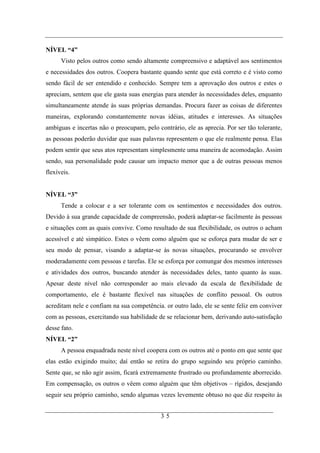 NÍVEL “4”
      Visto pelos outros como sendo altamente compreensivo e adaptável aos sentimentos
e necessidades dos outros. Coopera bastante quando sente que está correto e é visto como
sendo fácil de ser entendido e conhecido. Sempre tem a aprovação dos outros e estes o
apreciam, sentem que ele gasta suas energias para atender às necessidades deles, enquanto
simultaneamente atende às suas próprias demandas. Procura fazer as coisas de diferentes
maneiras, explorando constantemente novas idéias, atitudes e interesses. As situações
ambíguas e incertas não o preocupam, pelo contrário, ele as aprecia. Por ser tão tolerante,
as pessoas poderão duvidar que suas palavras representem o que ele realmente pensa. Elas
podem sentir que seus atos representam simplesmente uma maneira de acomodação. Assim
sendo, sua personalidade pode causar um impacto menor que a de outras pessoas menos
flexíveis.


NÍVEL “3”
      Tende a colocar e a ser tolerante com os sentimentos e necessidades dos outros.
Devido à sua grande capacidade de compreensão, poderá adaptar-se facilmente às pessoas
e situações com as quais convive. Como resultado de sua flexibilidade, os outros o acham
acessível e até simpático. Estes o vêem como alguém que se esforça para mudar de ser e
seu modo de pensar, visando a adaptar-se às novas situações, procurando se envolver
moderadamente com pessoas e tarefas. Ele se esforça por comungar dos mesmos interesses
e atividades dos outros, buscando atender às necessidades deles, tanto quanto às suas.
Apesar deste nível não corresponder ao mais elevado da escala de flexibilidade de
comportamento, ele é bastante flexível nas situações de conflito pessoal. Os outros
acreditam nele e confiam na sua competência. or outro lado, ele se sente feliz em conviver
com as pessoas, exercitando sua habilidade de se relacionar bem, derivando auto-satisfação
desse fato.
NÍVEL “2”
      A pessoa enquadrada neste nível coopera com os outros até o ponto em que sente que
elas estão exigindo muito; daí então se retira do grupo seguindo seu próprio caminho.
Sente que, se não agir assim, ficará extremamente frustrado ou profundamente aborrecido.
Em compensação, os outros o vêem como alguém que têm objetivos – rígidos, desejando
seguir seu próprio caminho, sendo algumas vezes levemente obtuso no que diz respeito às


                                            35
 