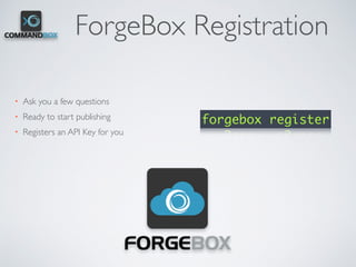 ForgeBox Registration
• Ask you a few questions
• Ready to start publishing
• Registers an API Key for you
forgebox register
 