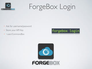 ForgeBox Login
• Ask for username/password
• Store your API Key
• ~user./CommandBox
forgebox login
 