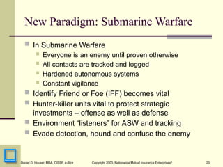 23
Daniel D. Houser, MBA, CISSP, e-Biz+ Copyright 2003, Nationwide Mutual Insurance Enterprises©
New Paradigm: Submarine Warfare
 In Submarine Warfare
 Everyone is an enemy until proven otherwise
 All contacts are tracked and logged
 Hardened autonomous systems
 Constant vigilance
 Identify Friend or Foe (IFF) becomes vital
 Hunter-killer units vital to protect strategic
investments – offense as well as defense
 Environment “listeners” for ASW and tracking
 Evade detection, hound and confuse the enemy
 