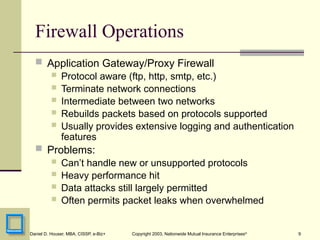 9
Daniel D. Houser, MBA, CISSP, e-Biz+ Copyright 2003, Nationwide Mutual Insurance Enterprises©
Firewall Operations
 Application Gateway/Proxy Firewall
 Protocol aware (ftp, http, smtp, etc.)
 Terminate network connections
 Intermediate between two networks
 Rebuilds packets based on protocols supported
 Usually provides extensive logging and authentication
features
 Problems:
 Can’t handle new or unsupported protocols
 Heavy performance hit
 Data attacks still largely permitted
 Often permits packet leaks when overwhelmed
 