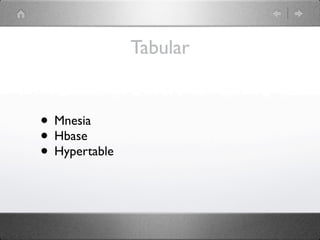 Tabular


• Mnesia
• Hbase
• Hypertable
 