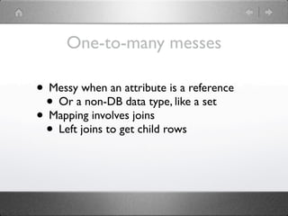 One-to-many messes

• Messy when an attribute is a reference
 • Or a non-DB data type, like a set
• Mapping involves joins
 • Left joins to get child rows
 
