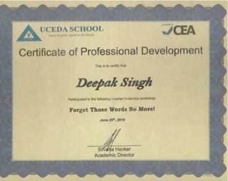 Forget Those Words No More Certificate of Deepak Danny Singh