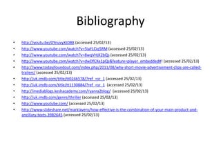 Bibliography
•   http://youtu.be/OYnuvyXJD88 (accessed 25/02/13)
•   http://www.youtube.com/watch?v=5iaYLCiq5RM (accessed 25/02/13)
•   http://www.youtube.com/watch?v=8wqVHjK2bQs (accessed 25/02/13)
•   http://www.youtube.com/watch?v=dwDfCXe1pQs&feature=player_embedded#! (accessed 25/02/13)
•   http://www.todayifoundout.com/index.php/2011/08/why-short-movie-advertisement-clips-are-called-
    trailers/ (accessed 25/02/13)
•   http://uk.imdb.com/title/tt0246578/?ref_=sr_1 (accessed 25/02/13)
•   http://uk.imdb.com/title/tt1130884/?ref_=sr_1 (accessed 25/02/13)
•   http://mediablogs.keshacademy.com/ryanra2blog/ (accessed 25/02/13)
•   http://uk.imdb.com/genre/thriller (accessed 25/02/13)
•   http://www.youtube.com/ (accessed 25/02/13)
•   http://www.slideshare.net/marklavery/how-effective-is-the-combination-of-your-main-product-and-
    ancillary-texts-3982645 (accessed 25/02/13)
 