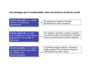 Una strategia per la multicanalità: dare una funzione ai diversi canali


Canali informativi, con ridotta
                                    Per agevolare al massimo l’accesso
valenza di interazione              all’informazione e alla conoscenza
bidirezionale



Canali relazionali, sui quali       Per orientare, rispondere a bisogni complessi
sono facilitate le comunicazioni    che attivano insiemi di procedimenti, ascoltare,
bidirezionali e la raccolta di      creare una dimensione di scambio reciproco
feed back



Canali transattivi, con i quali è   La priorità è erogare il servizio, chiudere la
vantaggioso gestire gli scambi      pratica, gestire i flussi di dati che occorrono,
                                    ottimizzare tempi, costi, risorse;
per l’utente o per
l’amministrazione
 