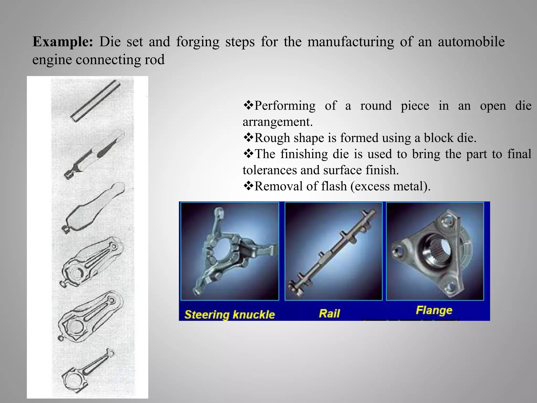 Example: Die set and forging steps for the manufacturing of an automobile
engine connecting rod
Performing of a round piece in an open die
arrangement.
Rough shape is formed using a block die.
The finishing die is used to bring the part to final
tolerances and surface finish.
Removal of flash (excess metal).
 