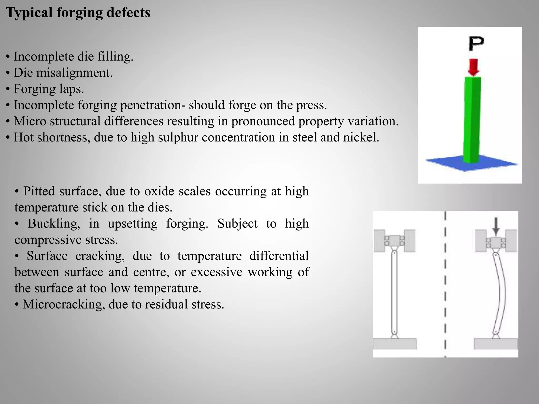 Typical forging defects
• Incomplete die filling.
• Die misalignment.
• Forging laps.
• Incomplete forging penetration- should forge on the press.
• Micro structural differences resulting in pronounced property variation.
• Hot shortness, due to high sulphur concentration in steel and nickel.
• Pitted surface, due to oxide scales occurring at high
temperature stick on the dies.
• Buckling, in upsetting forging. Subject to high
compressive stress.
• Surface cracking, due to temperature differential
between surface and centre, or excessive working of
the surface at too low temperature.
• Microcracking, due to residual stress.
 