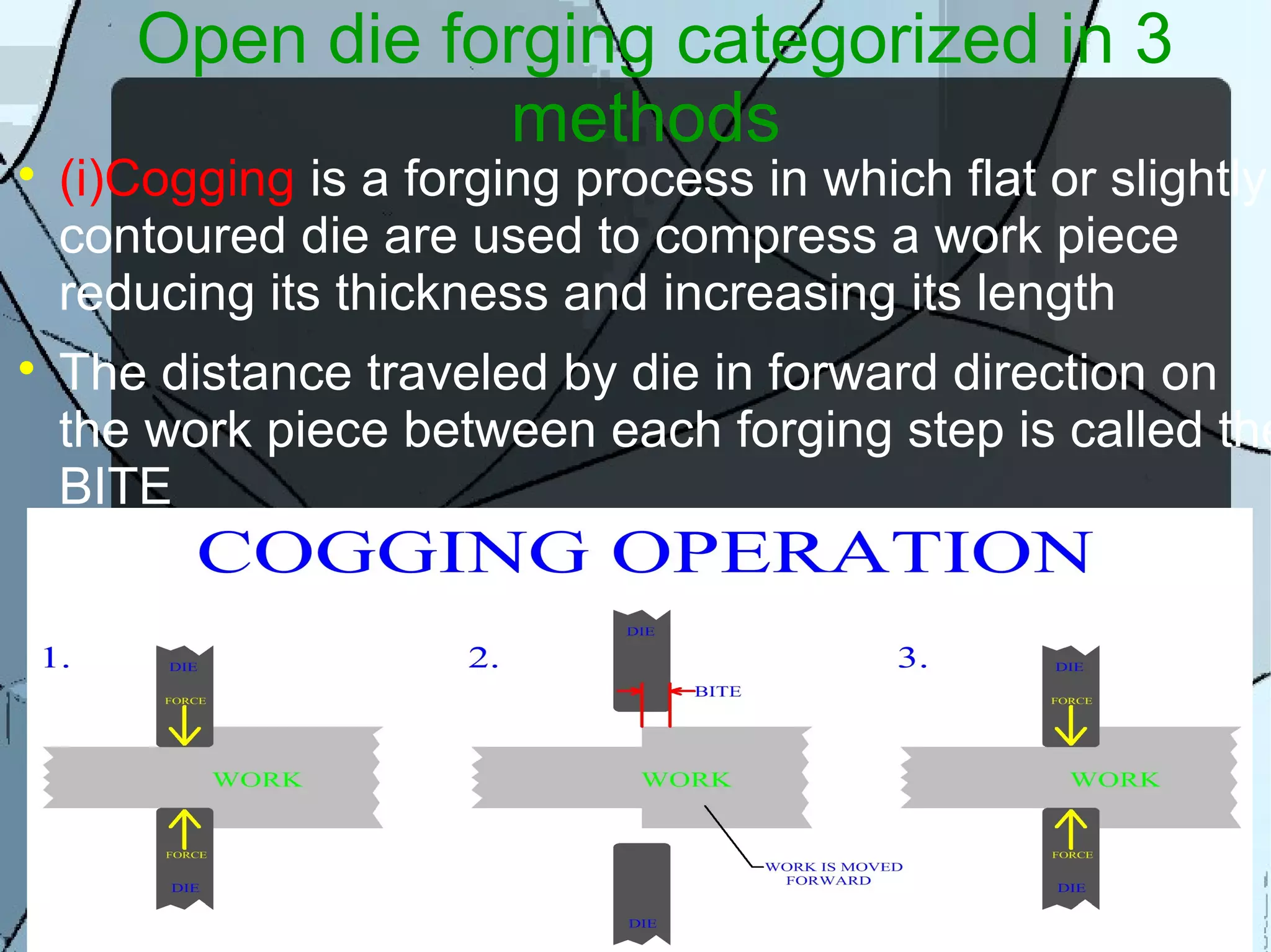Open die forging categorized in 3
methods

(i)Cogging is a forging process in which flat or slightly
contoured die are used to compress a work piece
reducing its thickness and increasing its length

The distance traveled by die in forward direction on
the work piece between each forging step is called the
BITE
 