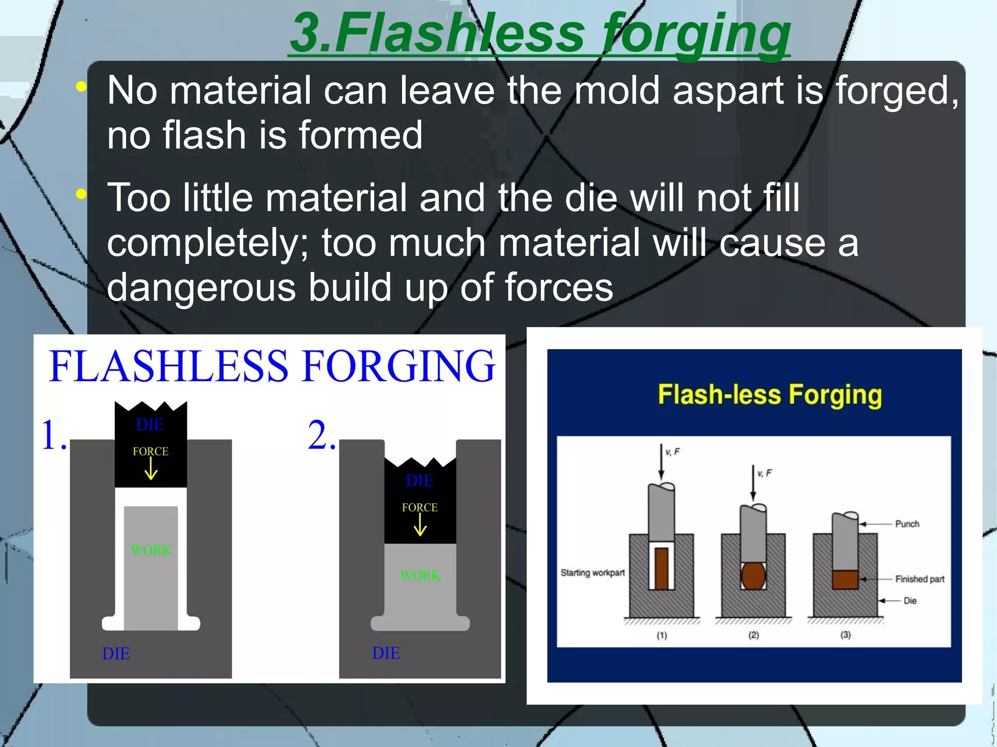 3.Flashless forging

No material can leave the mold aspart is forged,
no flash is formed

Too little material and the die will not fill
completely; too much material will cause a
dangerous build up of forces
 