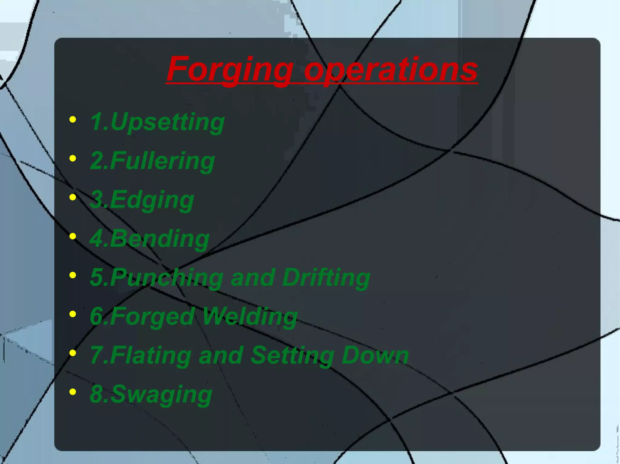 Forging operations

1.Upsetting

2.Fullering

3.Edging

4.Bending

5.Punching and Drifting

6.Forged Welding

7.Flating and Setting Down

8.Swaging
 