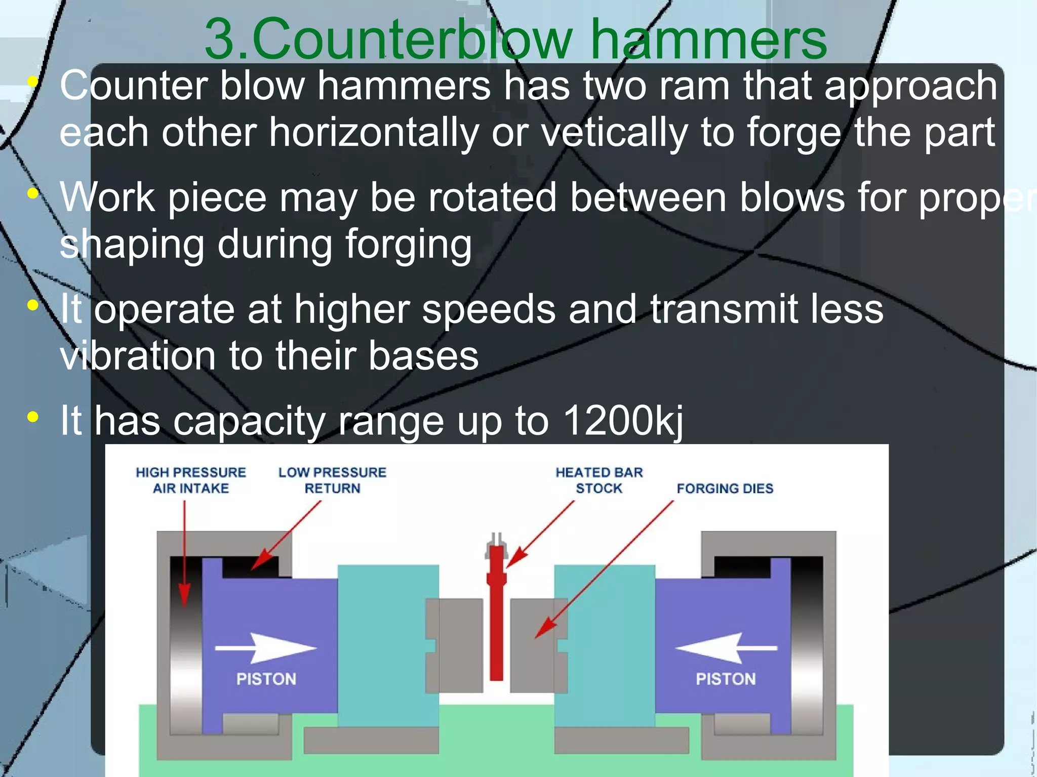 3.Counterblow hammers

Counter blow hammers has two ram that approach
each other horizontally or vetically to forge the part

Work piece may be rotated between blows for proper
shaping during forging

It operate at higher speeds and transmit less
vibration to their bases

It has capacity range up to 1200kj
 