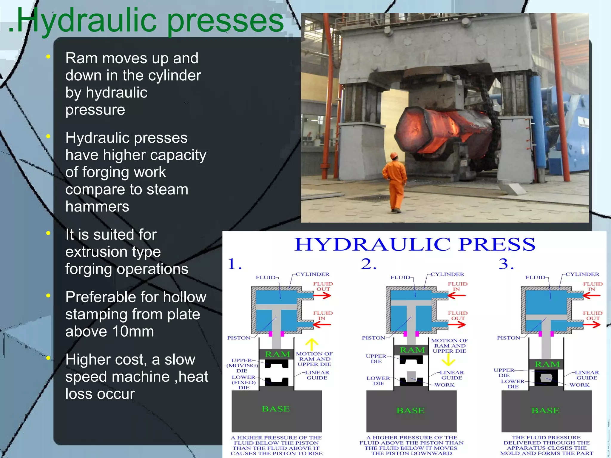 1.Hydraulic presses

Ram moves up and
down in the cylinder
by hydraulic
pressure

Hydraulic presses
have higher capacity
of forging work
compare to steam
hammers

It is suited for
extrusion type
forging operations

Preferable for hollow
stamping from plate
above 10mm

Higher cost, a slow
speed machine ,heat
loss occur
 