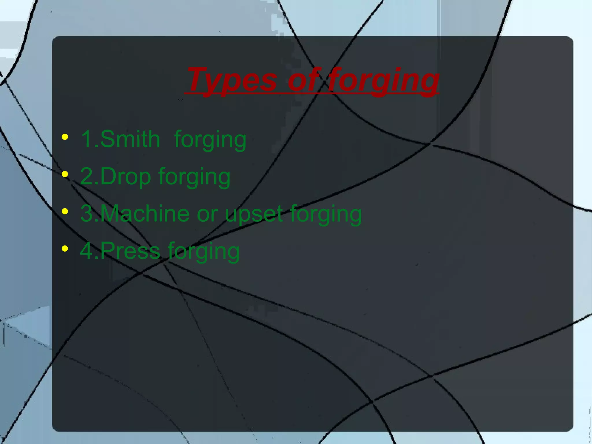 Types of forging

1.Smith forging

2.Drop forging

3.Machine or upset forging

4.Press forging
 