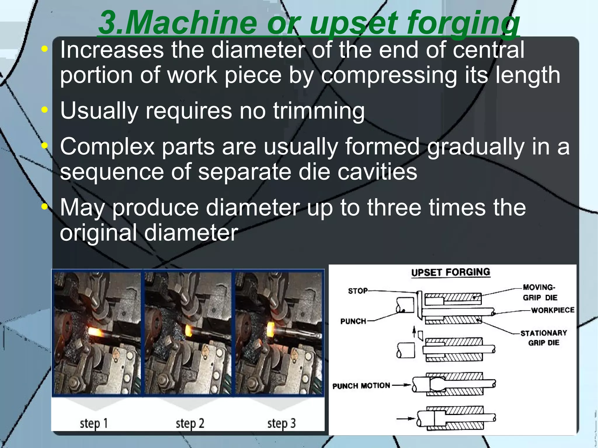 3.Machine or upset forging
 Increases the diameter of the end of central
portion of work piece by compressing its length
 Usually requires no trimming
 Complex parts are usually formed gradually in a
sequence of separate die cavities
 May produce diameter up to three times the
original diameter
 