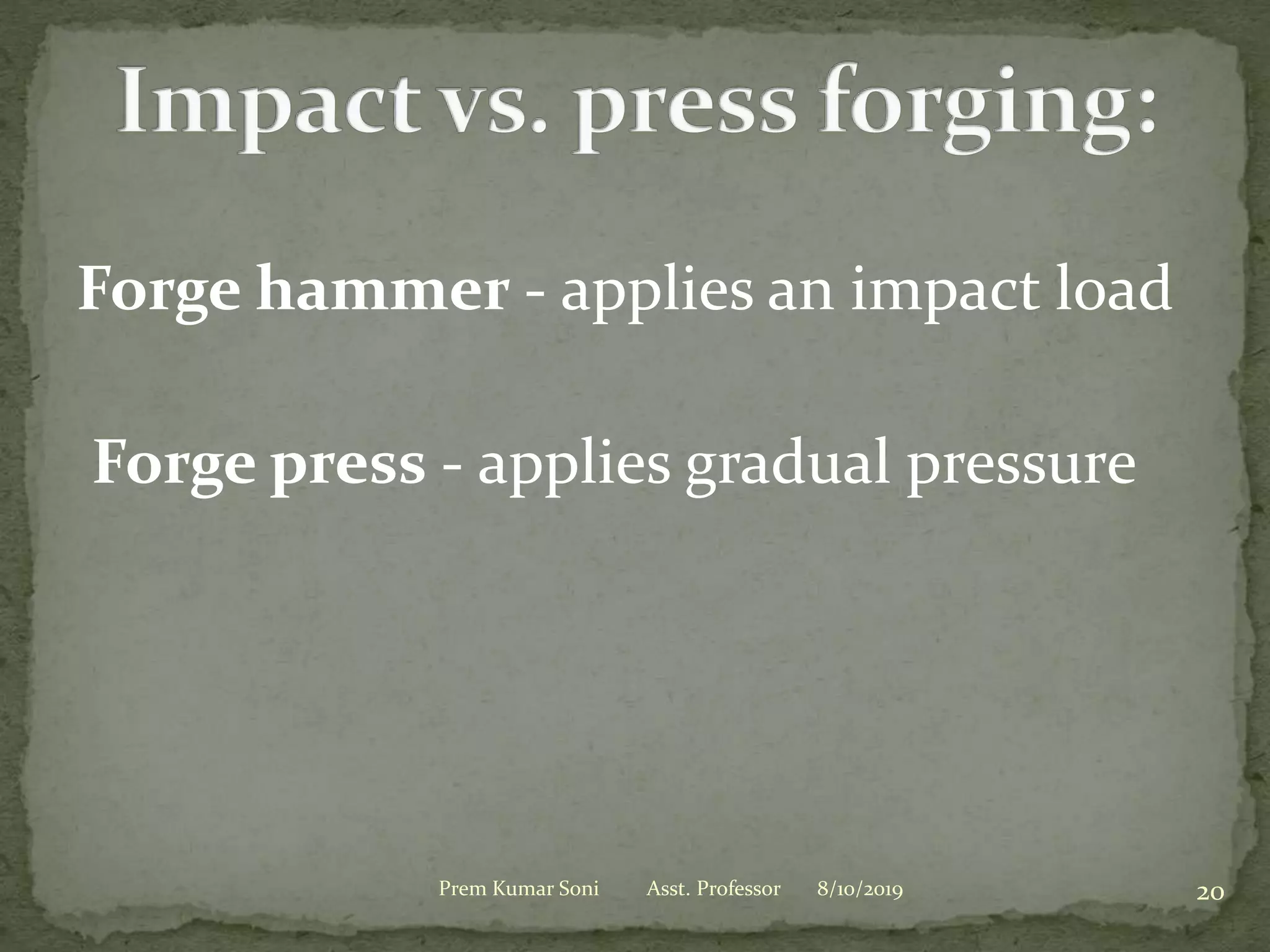 Forge hammer - applies an impact load
Forge press - applies gradual pressure
8/10/2019Prem Kumar Soni Asst. Professor 20
 
