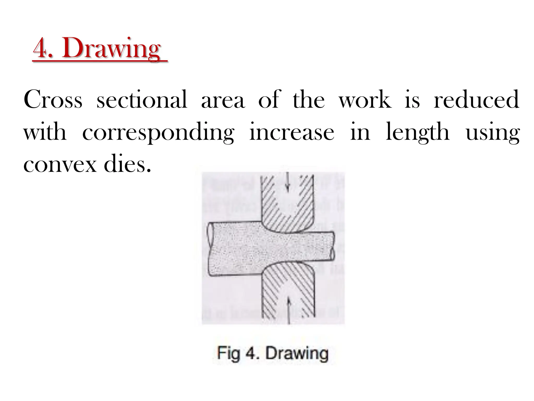 4. Drawing
Cross sectional area of the work is reduced
with corresponding increase in length using
convex dies.
 