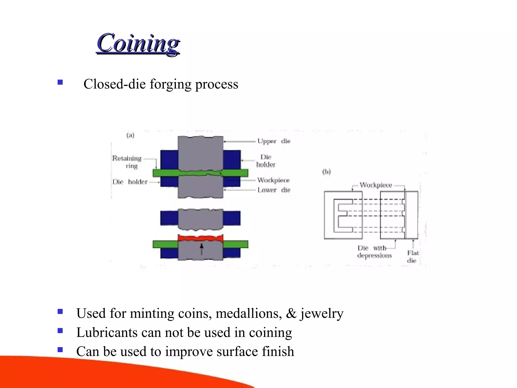 CoiningCoining
 Closed-die forging process
 Used for minting coins, medallions, & jewelry
 Lubricants can not be used in coining
 Can be used to improve surface finish
 