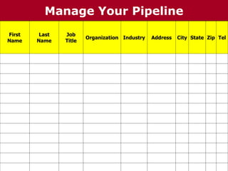 The Chazin GroupThe Chazin GroupManage Your Pipeline
First
Name
Last
Name
Job
Title
Organization Industry Address City State Zip Tel
 