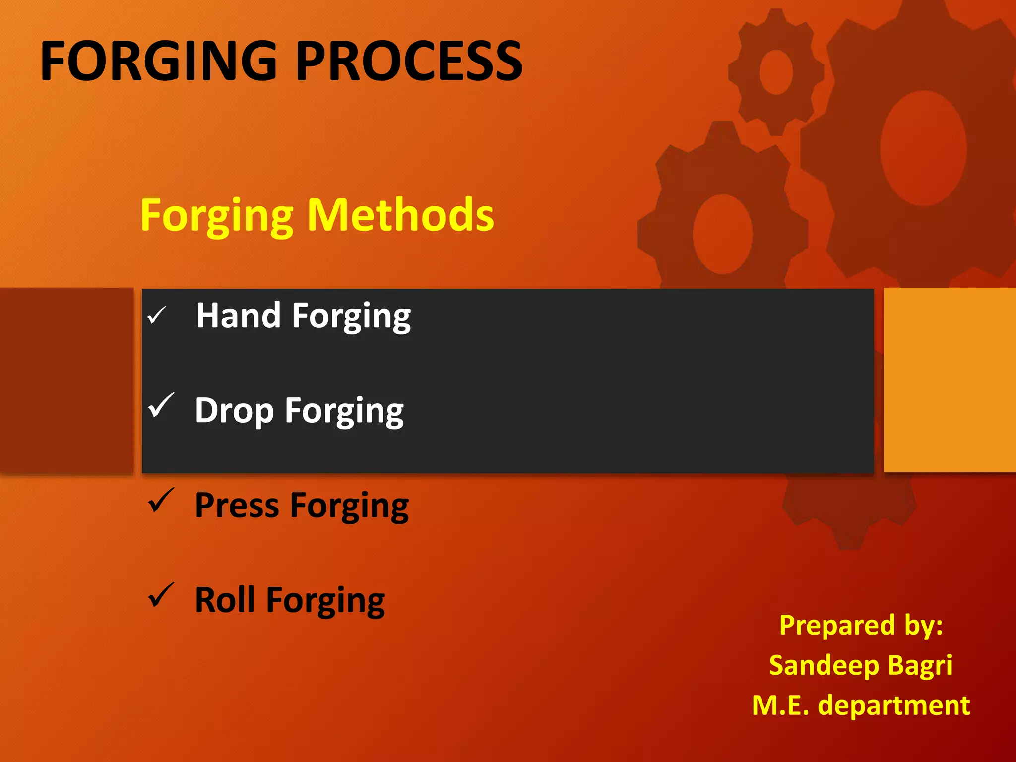 FORGING PROCESS
Prepared by:
Sandeep Bagri
M.E. department
 Hand Forging
 Drop Forging
 Press Forging
 Roll Forging
Forging Methods
 