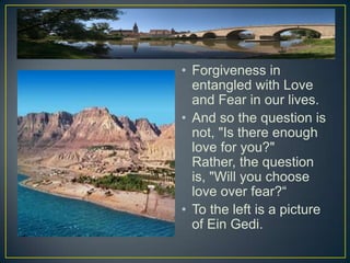 • Forgiveness in
  entangled with Love
  and Fear in our lives.
• And so the question is
  not, "Is there enough
  love for you?"
  Rather, the question
  is, "Will you choose
  love over fear?“
• To the left is a picture
  of Ein Gedi.
 