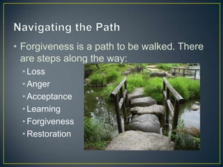 • Forgiveness is a path to be walked. There
  are steps along the way:
  • Loss
  • Anger
  • Acceptance
  • Learning
  • Forgiveness
  • Restoration
 