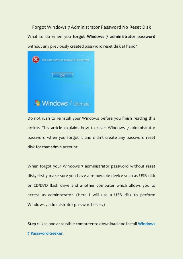 windows 7 administrator password no reset disk