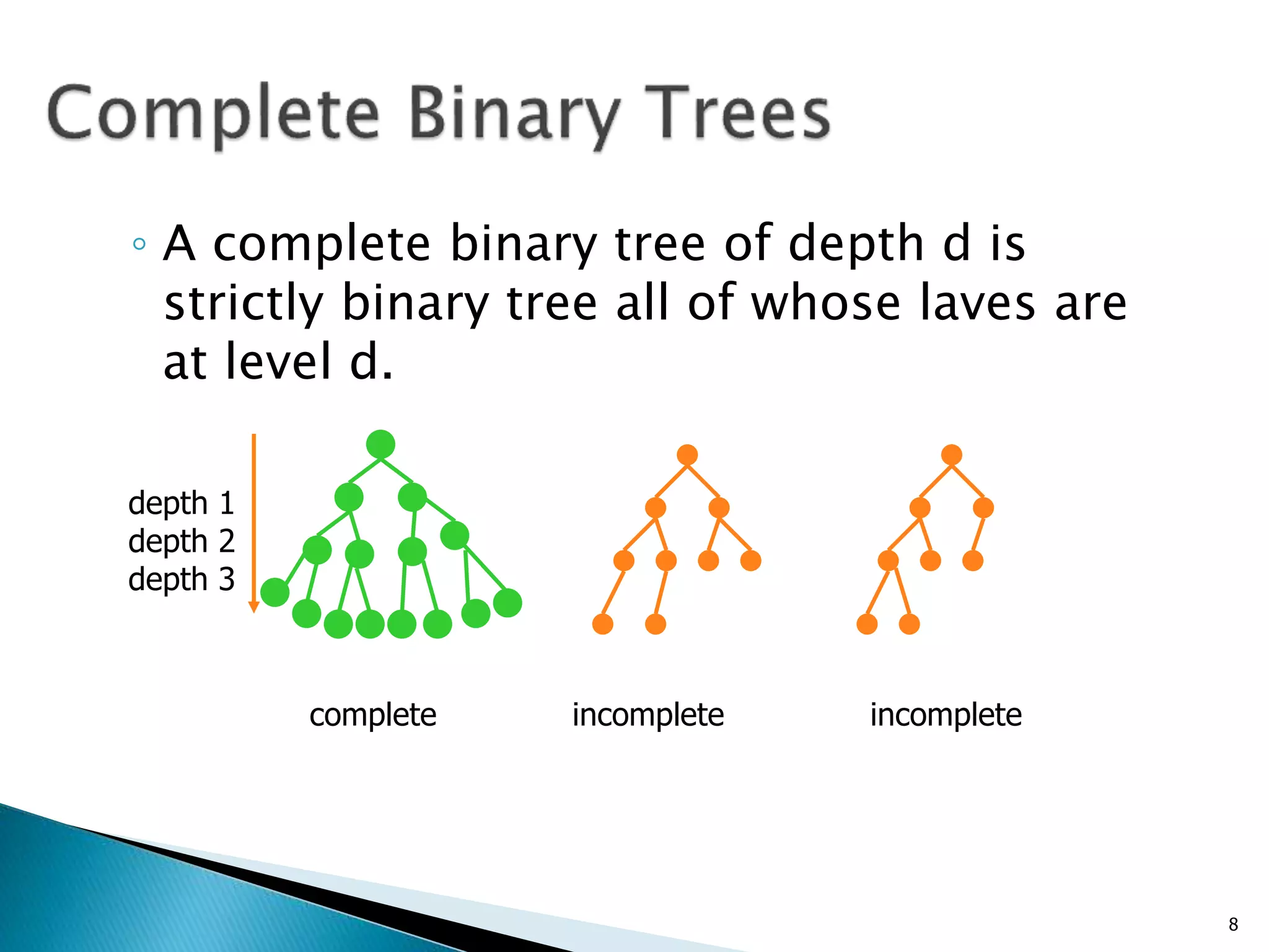 ◦ A complete binary tree of depth d is
strictly binary tree all of whose laves are
at level d.
complete incomplete incomplete
depth 1
depth 2
depth 3
8
 