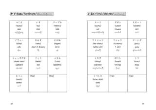 48 49
かぐかぐかぐかぐ////kagukagukagukagu////furniturefurniturefurniturefurniture////tdrfaxmify&dabm* いるいるいるいるいいいい////iruiiruiiruiirui////clothesclothesclothesclothes////t0wftxnf
つくえつくえつくえつくえ
(tsukue(tsukue(tsukue(tsukue))))
deskdeskdeskdesk
pm=unfhpm;yGJ
いすいすいすいす
(isu)(isu)(isu)(isu)
chairchairchairchair
ukvm;xdkif
テテテテーブルーブルーブルーブル
(teeburu)(teeburu)(teeburu)(teeburu)
tabletabletabletable
pm;yGJckH
ソファーソファーソファーソファー
((((sofasofasofasofaa)a)a)a)
sofasofasofasofa
qdkzm
たんすたんすたんすたんす
(tansu)(tansu)(tansu)(tansu)
cccchest of drawershest of drawershest of drawershest of drawers
AD±kd
かがみかがみかがみかがみ
(kagami)(kagami)(kagami)(kagami)
mirrormirrormirrormirror
rSef
しょっきだなしょっきだなしょっきだなしょっきだな
(shokki(shokki(shokki(shokki----dana)dana)dana)dana)
cupboardcupboardcupboardcupboard
yef;uefpif
ベッドベッドベッドベッド
(beddo)(beddo)(beddo)(beddo)
bedbedbedbed
ukwif
ふとんふとんふとんふとん
(futon)(futon)(futon)(futon)
bedclothesbedclothesbedclothesbedclothes
arG@&m
もうふもうふもうふもうふ
(moofu)(moofu)(moofu)(moofu)
blanketblanketblanketblanket
apmif
<free><free><free><free> <free><free><free><free>
スーツスーツスーツスーツ
(suutsu(suutsu(suutsu(suutsu))))
suitsuitsuitsuit
taemufwdkif;0wfpkH
ズボンズボンズボンズボン
(zubon)(zubon)(zubon)(zubon)
trouserstrouserstrouserstrousers
abmif;bD
スカートスカートスカートスカート
(sukaato)(sukaato)(sukaato)(sukaato)
skirtskirtskirtskirt
puyf
ワイシャツワイシャツワイシャツワイシャツ
(wai(wai(wai(wai----shatsu)shatsu)shatsu)shatsu)
(white) shirt(white) shirt(white) shirt(white) shirt
±Syftusô
TTTT シャツシャツシャツシャツ
(tii(tii(tii(tii----shatsu)shatsu)shatsu)shatsu)
TTTT----shirtshirtshirtshirt
wD±Syf
ジーンズジーンズジーンズジーンズ
(jiinzu)(jiinzu)(jiinzu)(jiinzu)
jeansjeansjeansjeans
*sif;abmif;bD
したぎしたぎしたぎしたぎ
(shitagi)(shitagi)(shitagi)(shitagi)
underwearunderwearunderwearunderwear
twGif;0wftusô
ぼうしぼうしぼうしぼうし
(booshi)(booshi)(booshi)(booshi)
hat/caphat/caphat/caphat/cap
OD;xkyf
くつくつくつくつ
(kutsu)(kutsu)(kutsu)(kutsu)
shoesshoesshoesshoes
zdeyf
くつしたくつしたくつしたくつした
(kutsu(kutsu(kutsu(kutsu----shita)shita)shita)shita)
sockssockssockssocks
ajcpGyf
<free><free><free><free> <free><free><free><free>
 