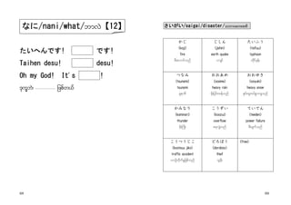 68 69
たいへんですたいへんですたいへんですたいへんです!!!! ですですですです!!!!
TTTTaihen desu!aihen desu!aihen desu!aihen desu! desu!desu!desu!desu!
Oh my God!Oh my God!Oh my God!Oh my God! ItItItIt’’’’ssss !!!!
'kuQbJ/'kuQbJ/'kuQbJ/'kuQbJ/ ------------ jzpfw,fjzpfw,fjzpfw,fjzpfw,f
さいがいさいがいさいがいさいがい////saigaisaigaisaigaisaigai////disasterdisasterdisasterdisaster////obm0ab;'%fobm0ab;'%fobm0ab;'%fobm0ab;'%f
かじかじかじかじ
(kaji)(kaji)(kaji)(kaji)
firefirefirefire
rD;avmifonf
じしんじしんじしんじしん
(jishin)(jishin)(jishin)(jishin)
earth quakeearth quakeearth quakeearth quake
ivsif
たいふうたいふうたいふうたいふう
(taifuu)(taifuu)(taifuu)(taifuu)
typhoontyphoontyphoontyphoon
wdkifzkef;
つなみつなみつなみつなみ
(tsunami)(tsunami)(tsunami)(tsunami)
tsunamitsunamitsunamitsunami
plemrD
おおあめおおあめおおあめおおあめ
(ooame)(ooame)(ooame)(ooame)
heavy rainheavy rainheavy rainheavy rain
rdk;jyif;xefonf
おおゆきおおゆきおおゆきおおゆき
(ooyuki)(ooyuki)(ooyuki)(ooyuki)
heavy snowheavy snowheavy snowheavy snow
ESif;xlxyfpGmusonf
かみなりかみなりかみなりかみなり
(k(k(k(kaminari)aminari)aminari)aminari)
thunderthunderthunderthunder
rdk;óu;
こうずいこうずいこうずいこうずい
(koozui)(koozui)(koozui)(koozui)
overflowoverflowoverflowoverflow
a&v#Honf
ていでんていでんていでんていでん
(teeden)(teeden)(teeden)(teeden)
power failurepower failurepower failurepower failure
rD;ysufonf
こうつうじここうつうじここうつうじここうつうじこ
(kootsuu jiko)(kootsuu jiko)(kootsuu jiko)(kootsuu jiko)
traffic accidenttraffic accidenttraffic accidenttraffic accident
,mOfwdkufr_jzpfonf
どろぼうどろぼうどろぼうどろぼう
(doroboo)(doroboo)(doroboo)(doroboo)
thiefthiefthiefthief
olcdk;
<free><free><free><free>
なになになになに/nani/what//nani/what//nani/what//nani/what/bmvJbmvJbmvJbmvJ【【【【12121212】】】】
 