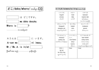 14 15
はははは どこですかどこですかどこですかどこですか。。。。
wa doko desuka.wa doko desuka.wa doko desuka.wa doko desuka.
Where isWhere isWhere isWhere is ????
---------------- u b,frSmvJu b,frSmvJu b,frSmvJu b,frSmvJ
ＡＡＡＡさんはさんはさんはさんは にににに いますいますいますいます。。。。
ＡＡＡＡ----sansansansan wawawawa ni imasu.ni imasu.ni imasu.ni imasu.
Mr./ Ms.Mr./ Ms.Mr./ Ms.Mr./ Ms.ＡＡＡＡ is in/atis in/atis in/atis in/at ....
OD;/a':OD;/a':OD;/a':OD;/a': atatatat ononononffff---------------- rSm±Sdonf//rSm±Sdonf//rSm±Sdonf//rSm±Sdonf//
たてものたてものたてものたてもの////tatemonotatemonotatemonotatemono////buildingbuildingbuildingbuilding////taqmuftOD//taqmuftOD//taqmuftOD//taqmuftOD//
いりぐちいりぐちいりぐちいりぐち
(iriguchi(iriguchi(iriguchi(iriguchi))))
entrancentrancentrancentranceeee
0ifayguf
ロビーロビーロビーロビー
(robii)(robii)(robii)(robii)
lobbylobbylobbylobby
avmfbD
うけつけうけつけうけつけうけつけ
(uketsuke)(uketsuke)(uketsuke)(uketsuke)
reception deskreception deskreception deskreception desk
pHkprf;&efae&m
(aumifwm)/{nfhóu
ひじょうぐちひじょうぐちひじょうぐちひじょうぐち
(hijooguchi)(hijooguchi)(hijooguchi)(hijooguchi)
emergency exitemergency exitemergency exitemergency exit
ta&;ay:xGufayguf
かいだんかいだんかいだんかいだん
(kaidan)(kaidan)(kaidan)(kaidan)
stairsstairsstairsstairs
avSum;
エレベーターエレベーターエレベーターエレベーター
(erebeetaa)(erebeetaa)(erebeetaa)(erebeetaa)
elevatorelevatorelevatorelevator
"gwfavSum;
きつえんじょきつえんじょきつえんじょきつえんじょ
(kitsuenjo)(kitsuenjo)(kitsuenjo)(kitsuenjo)
smoking areasmoking areasmoking areasmoking area
aq;vdyfaomuf&efae&m
トイレトイレトイレトイレ ////けしょけしょけしょけしょ
うしつうしつうしつうしつ
(toire/keshoo(toire/keshoo(toire/keshoo(toire/keshoo
shitsu)shitsu)shitsu)shitsu)
lavatorylavatorylavatorylavatory
tdrfom/
じどうはんばいきじどうはんばいきじどうはんばいきじどうはんばいき
(jidoo hanbaiki)(jidoo hanbaiki)(jidoo hanbaiki)(jidoo hanbaiki)
vending machinevending machinevending machinevending machine
tat;/ pm;p&m
tp&Sdonfudk
tvG,fwul0,fI&aompuf
(5)(5)(5)(5)かいかいかいかい
(go kai)(go kai)(go kai)(go kai)
the (fifth) floorthe (fifth) floorthe (fifth) floorthe (fifth) floor
yOPrxyf (5 xyf)
<free><free><free><free> <free><free><free><free>
どこどこどこどこ/doko/where//doko/where//doko/where//doko/where/ b,frSmb,frSmb,frSmb,frSm【【【【3333】】】】
 
