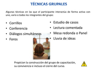Algunas técnicas en las que el participante interactúa de forma activa con
uno, vario o todos los integrantes del grupo:
• Corrillos
• Conferencia
• Diálogos simultáneos
• Foros
• Estudio de casos
• Lectura comentada
• Mesa redonda o Panel
• Lluvia de ideas
Propician la construcción del grupo de capacitación,
su convivencia e incluso el cierre del curso.
 